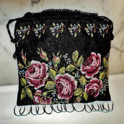 Vtg French antique micro beaded floral evening bag drawstring handle