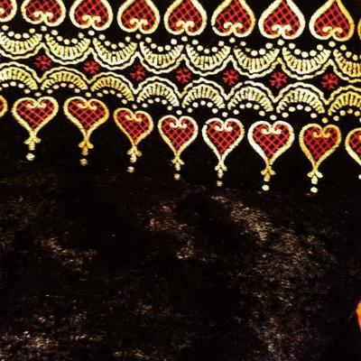 Vtg 1970's mexican burnout velvet Caftan with hood gold painted trim