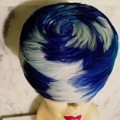 Vtg 1950's Ostrich feathers Pillbox hat Azul Blue hard net