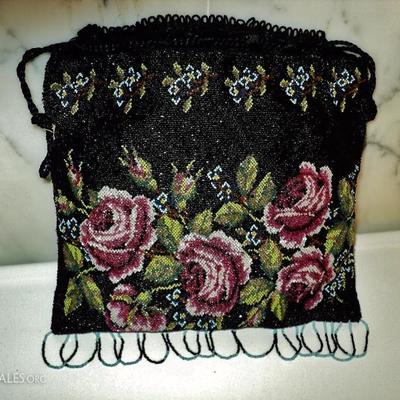 Vtg French antique micro beaded floral evening bag drawstring handle