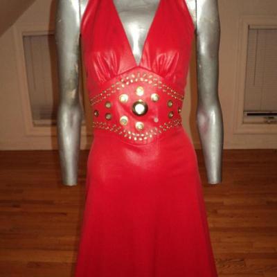  1960's Limited Edition Mr. Boots halter red liquid leather maxi dress gold loops