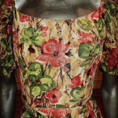 Vtg painted print wiggle beaded sequin semi wrap dress side tie 