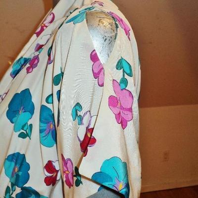 Vtg 1940's silk floral garden wiggle dress elastic waist tie scarf