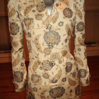 Vintage Albert Nipon Couture ensemble raised brocade silver gold sequin skirt  