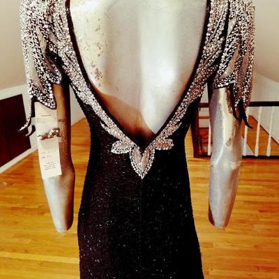 Vtg silk Mermaid gown fully beaded with onyx & silver glass beads 