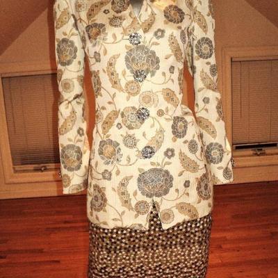 Vintage Albert Nipon Couture ensemble raised brocade silver gold sequin skirt  