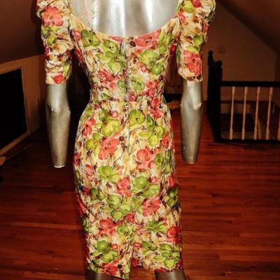 Vtg painted print wiggle beaded sequin semi wrap dress side tie 