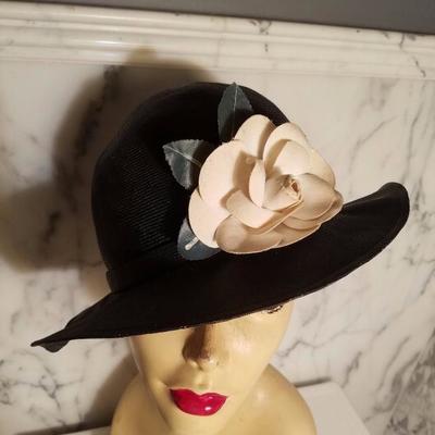 vtg Adolfo tilt brim straw hat millinery flower 