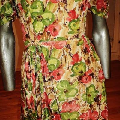 Vtg painted print wiggle beaded sequin semi wrap dress side tie 