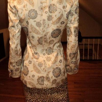 Vintage Albert Nipon Couture ensemble raised brocade silver gold sequin skirt  