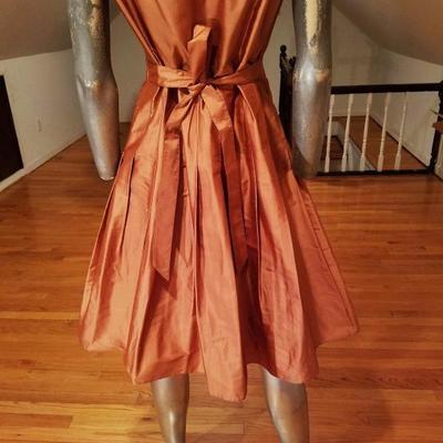 Kay Unger New York silk bronze wiggle dress tie back cross front