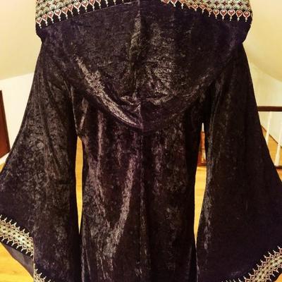 Vtg 1970's mexican burnout velvet Caftan with hood gold painted trim