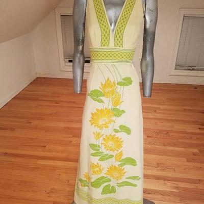  Vtg Alfred Shaheen signed 1960's flora hand printed maxi dress