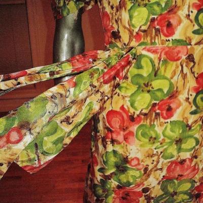 Vtg painted print wiggle beaded sequin semi wrap dress side tie 