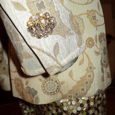 Vintage Albert Nipon Couture ensemble raised brocade silver gold sequin skirt  