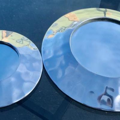 Silver round mirror trays? Decor for table approx 4