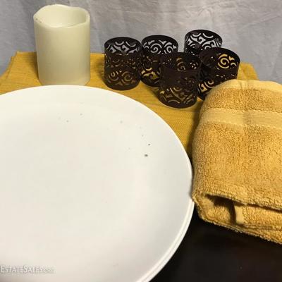 11 pc lot dishes,  towel,  candle, holders?