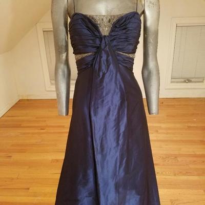 Vtg Badgley Mischka silk cobalt blue shirred empire embellished gown
