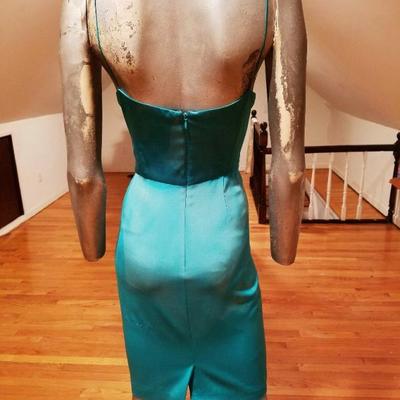 Vtg Kay Unger silk satin tie dye wiggle dress side ruffle