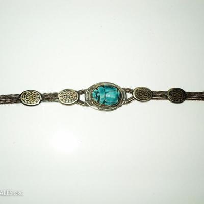 Vtg 1940-50"s old silver Scarab beetle bracelet filigree embossed from Rgypt