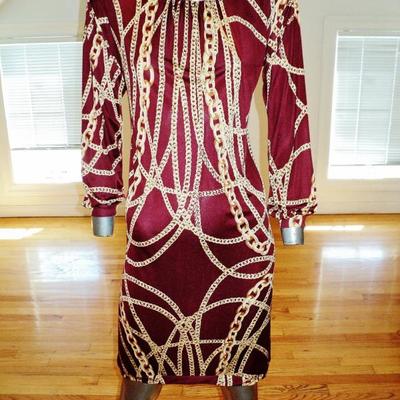 Vtg silk gold chains wiggle dress shirred neckline chanel style