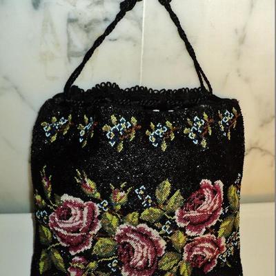 Vtg French antique micro beaded floral evening bag drawstring handle