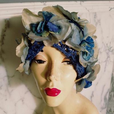Vtg 1940's Toque turban crochet hat millinery flowers