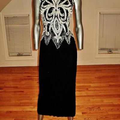 Vtg Jovani silk halter maxi all beaded & sequined black & white Gown