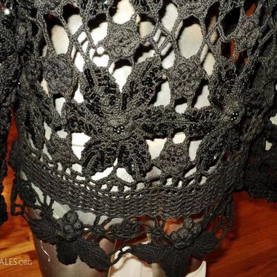 Vtg Hand crochet & macrame sequined beaded Opera layering Jacket