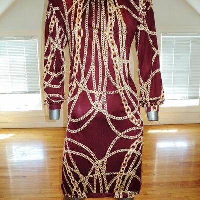 Vtg silk gold chains wiggle dress shirred neckline chanel style