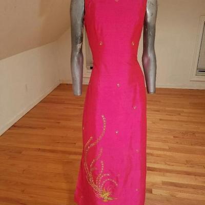 Vtg Cheongsam Silk high slit maxi gold Phoenix embroidery