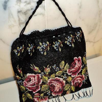 Vtg French antique micro beaded floral evening bag drawstring handle