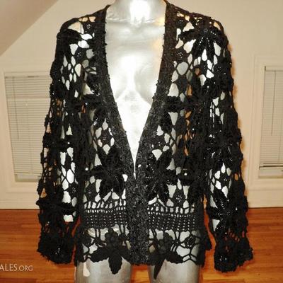 Vtg Hand crochet & macrame sequined beaded Opera layering Jacket