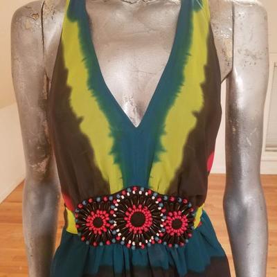 Vtg Tie Dye Empire midi dress ethnic bead embroidery