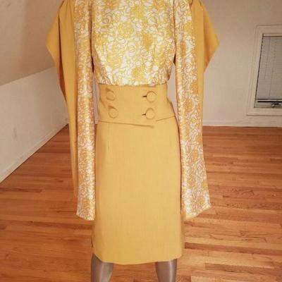 Vtg Swirl 1960's silk dress matching detailed reversible shawl
