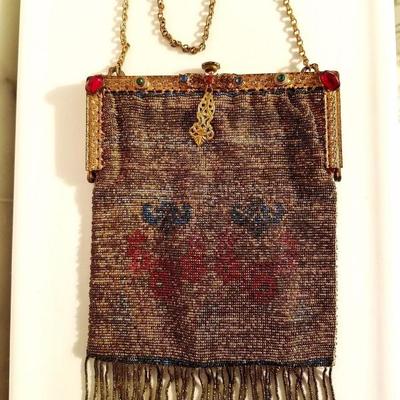 Antique Edwardian French Jeweled micro beaded gilded bag w/ fringes