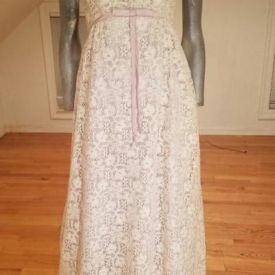 Vtg 1930's French Empire gown point de gaze dentelle lavender bows