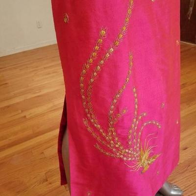 Vtg Cheongsam Silk high slit maxi gold Phoenix embroidery