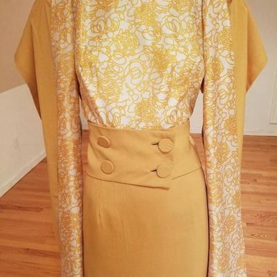 Vtg Swirl 1960's silk dress matching detailed reversible shawl