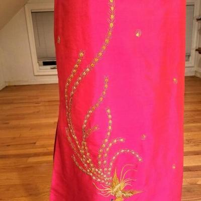 Vtg Cheongsam Silk high slit maxi gold Phoenix embroidery