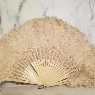 18th century Victorian French Ostrich feather large fan lace/bronze tone loop