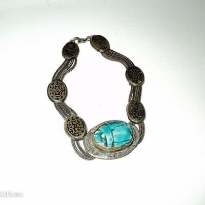Vtg 1940-50"s old silver Scarab beetle bracelet filigree embossed from Rgypt