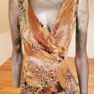 Animal Print  silk chiffon layered ruffle gown draped plunge cross neck line