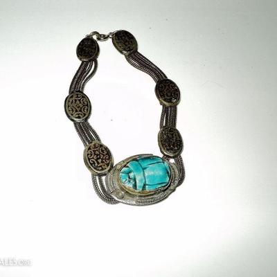 Vtg 1940-50"s old silver Scarab beetle bracelet filigree embossed from Rgypt