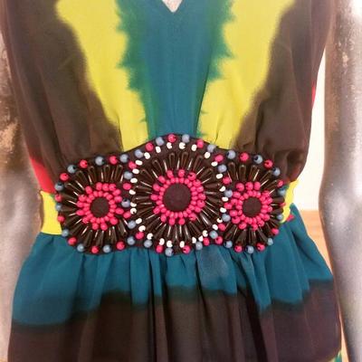 Vtg Tie Dye Empire midi dress ethnic bead embroidery