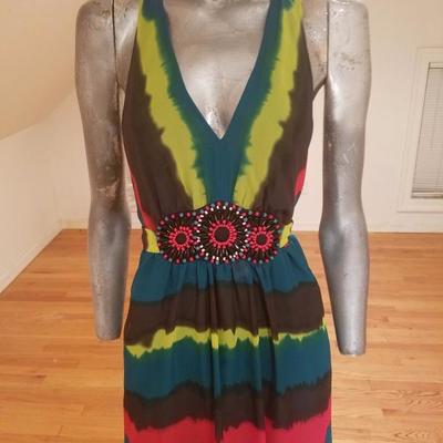 Vtg Tie Dye Empire midi dress ethnic bead embroidery
