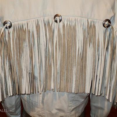 Vtg Western leather white fringe jacket metal silver hardware
