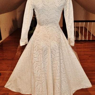Vtg  1930-40"s embroidered eyelet  tea/garden midi full sweep dress hook & eye