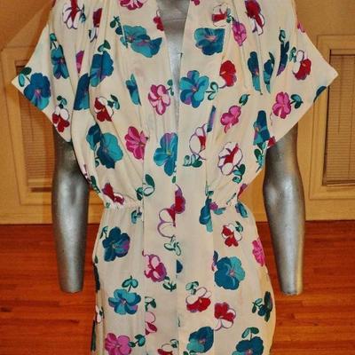 Vtg 1940's silk floral garden wiggle dress elastic waist tie scarf