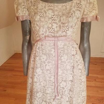 Vtg 1930's French Empire gown point de gaze dentelle lavender bows